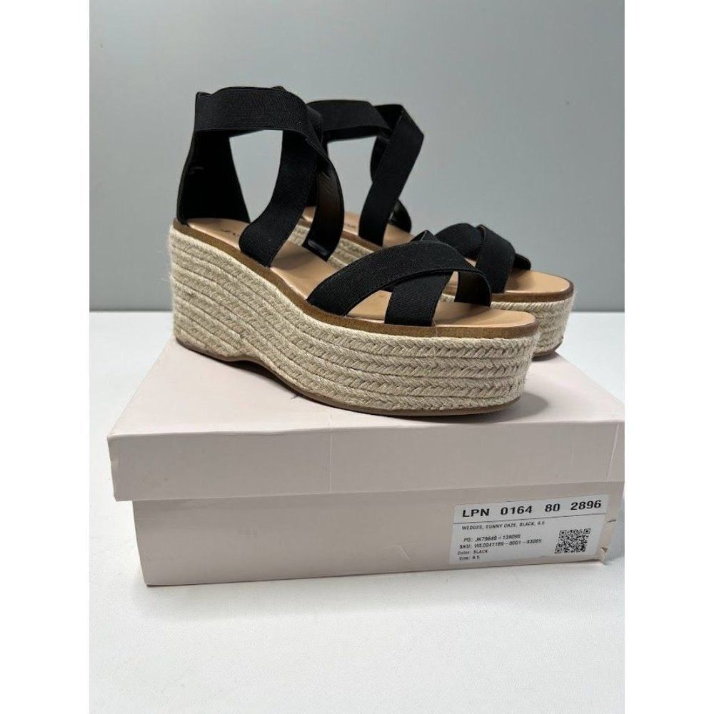 JUST‎ FAB Sunny Daze Black Ankle Strap Wedge 9.5 NEW